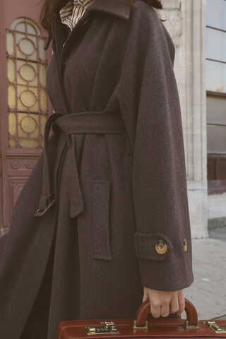 Manşeti Kemerli Uzun Kaban Kahverengi - 2