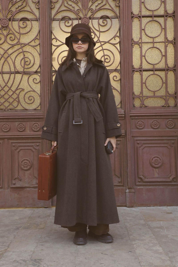 Manşeti Kemerli Uzun Kaban Kahverengi - 3