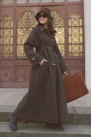 Manşeti Kemerli Uzun Kaban Kahverengi - 6