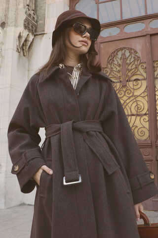 Manşeti Kemerli Uzun Kaban Kahverengi - 7