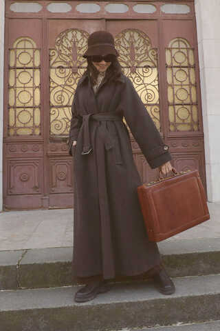 Manşeti Kemerli Uzun Kaban Kahverengi - 8