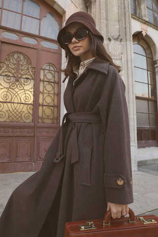 Manşeti Kemerli Uzun Kaban Kahverengi - 11