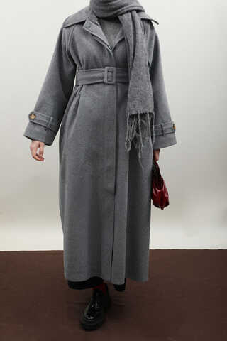 Manşeti Kemerli Uzun Kaban Koyu Gri - 2