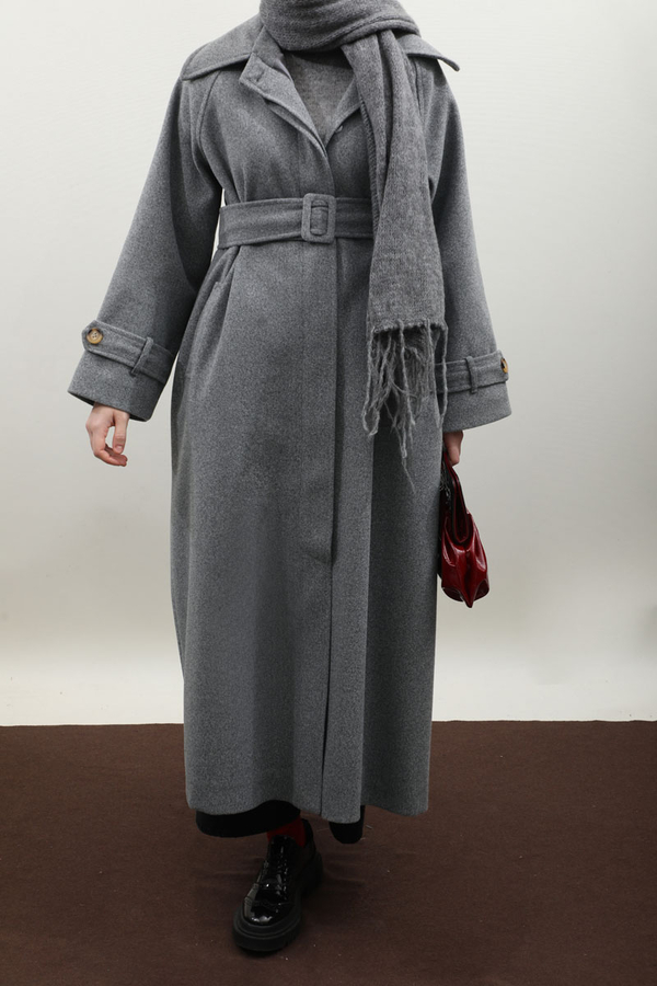 Manşeti Kemerli Uzun Kaban Koyu Gri - 2