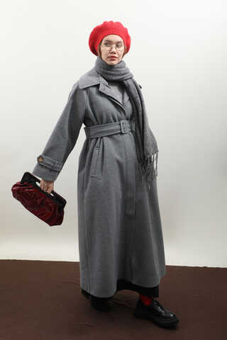 Manşeti Kemerli Uzun Kaban Koyu Gri - 3