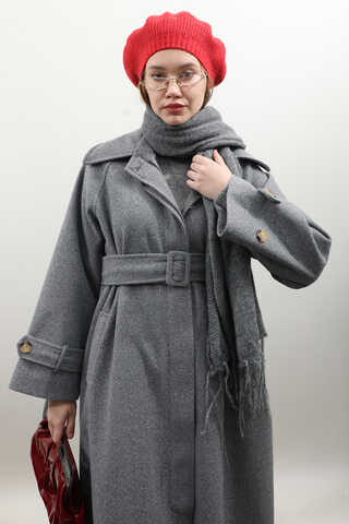 Manşeti Kemerli Uzun Kaban Koyu Gri - 4