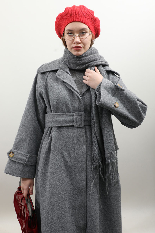 Manşeti Kemerli Uzun Kaban Koyu Gri - 4