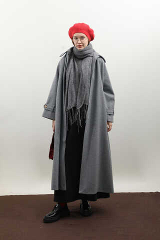 Manşeti Kemerli Uzun Kaban Koyu Gri - 7