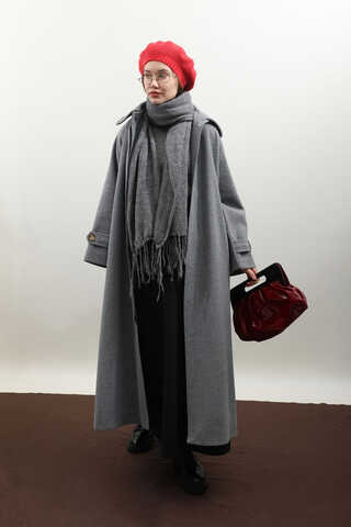 Manşeti Kemerli Uzun Kaban Koyu Gri - 8