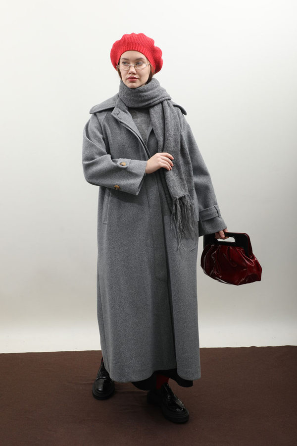 Manşeti Kemerli Uzun Kaban Koyu Gri - 10