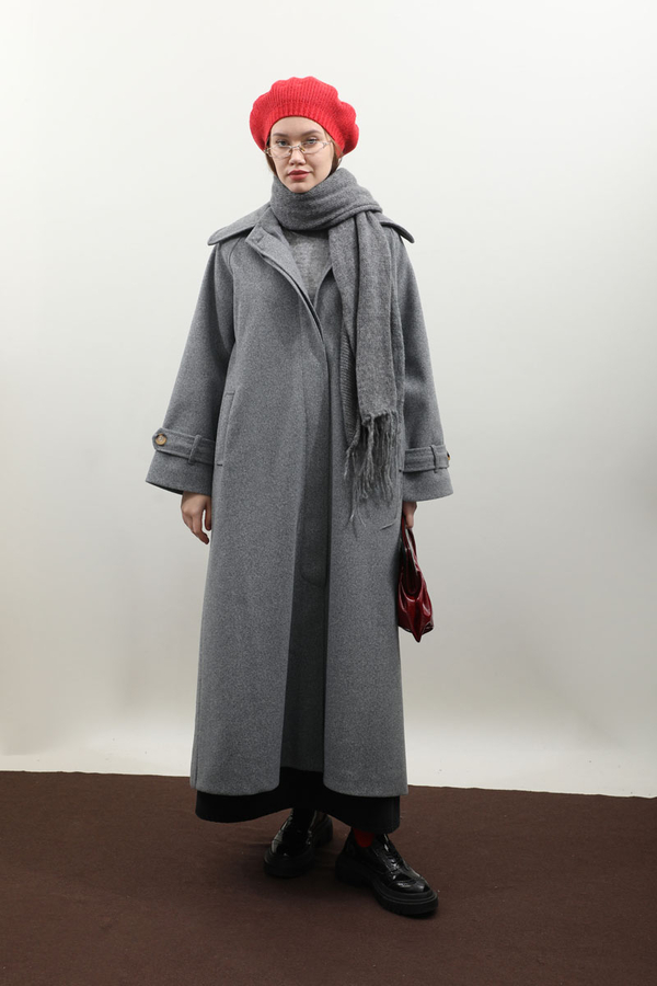 Manşeti Kemerli Uzun Kaban Koyu Gri - 11