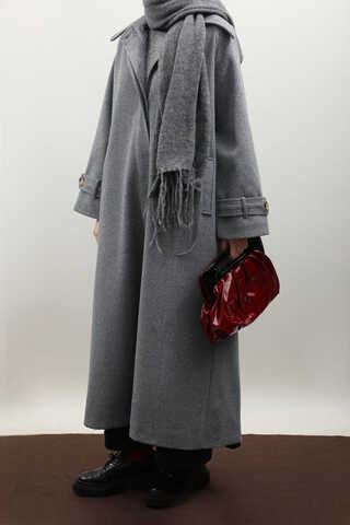 Manşeti Kemerli Uzun Kaban Koyu Gri - 12