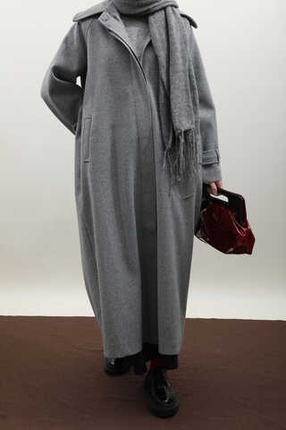 Manşeti Kemerli Uzun Kaban Koyu Gri - 13