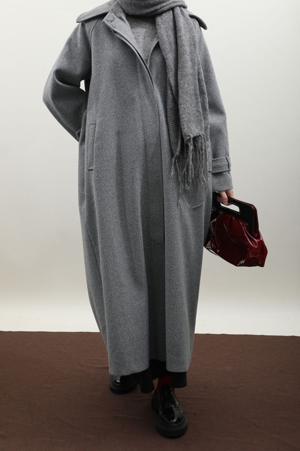 Manşeti Kemerli Uzun Kaban Koyu Gri - 13