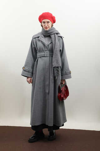 Manşeti Kemerli Uzun Kaban Koyu Gri - 14