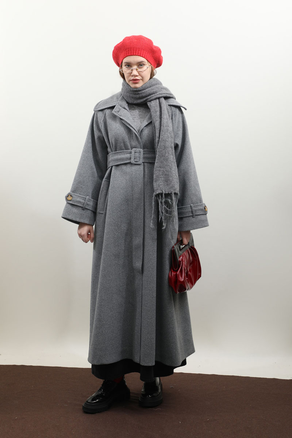 Manşeti Kemerli Uzun Kaban Koyu Gri - 14