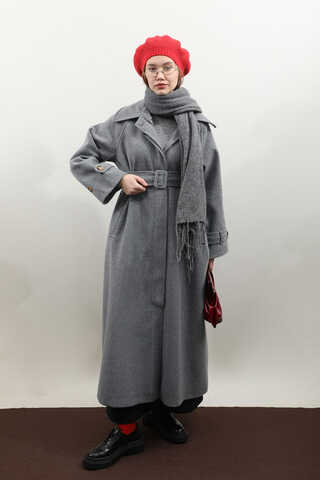 Manşeti Kemerli Uzun Kaban Koyu Gri - 1