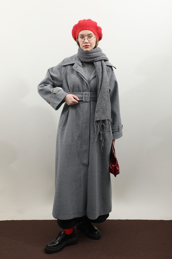 Manşeti Kemerli Uzun Kaban Koyu Gri - 1