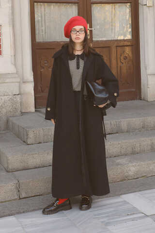 Manşeti Kemerli Uzun Kaban Siyah - 6