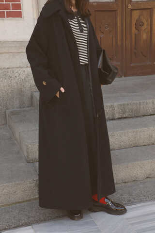 Manşeti Kemerli Uzun Kaban Siyah - 4