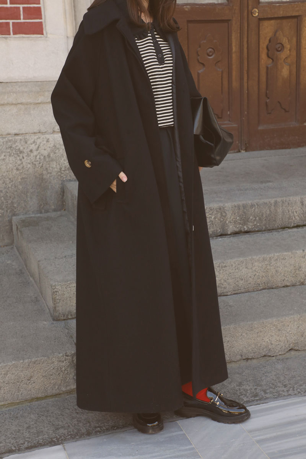 Manşeti Kemerli Uzun Kaban Siyah - 4