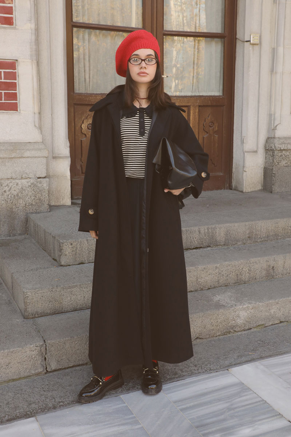 Manşeti Kemerli Uzun Kaban Siyah - 2