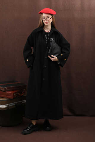 Manşeti Kemerli Uzun Kaban Siyah - 8