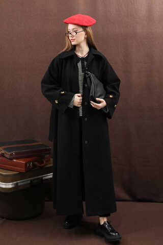 Manşeti Kemerli Uzun Kaban Siyah - 9