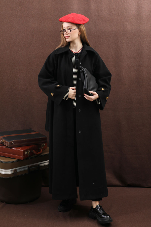 Manşeti Kemerli Uzun Kaban Siyah - 9