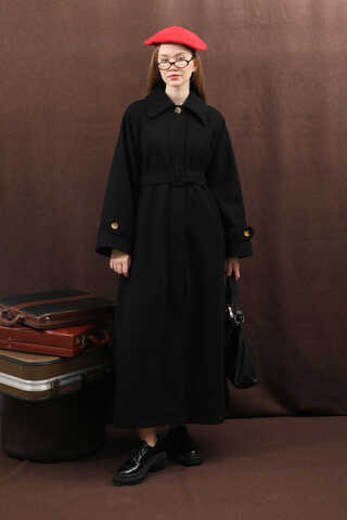 Manşeti Kemerli Uzun Kaban Siyah - 10