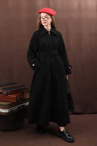 Manşeti Kemerli Uzun Kaban Siyah - 11