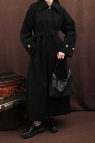 Manşeti Kemerli Uzun Kaban Siyah - 12