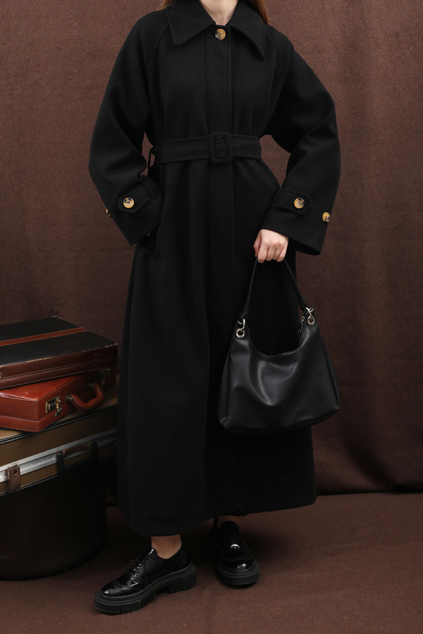 Manşeti Kemerli Uzun Kaban Siyah - 12