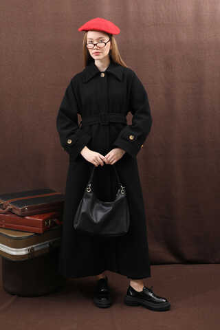 Manşeti Kemerli Uzun Kaban Siyah - 13