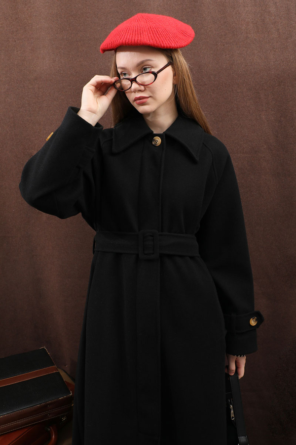 Manşeti Kemerli Uzun Kaban Siyah - 14