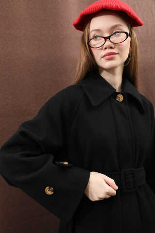 Manşeti Kemerli Uzun Kaban Siyah - 15