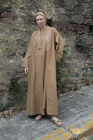 Manşeti Nervürlü Abaya Camel - 2