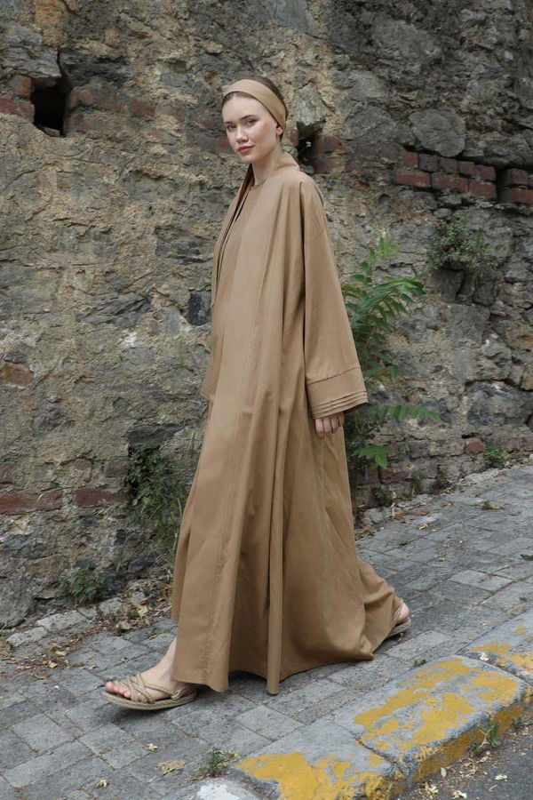 Manşeti Nervürlü Abaya Camel - 3