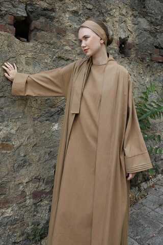 Manşeti Nervürlü Abaya Camel - 5