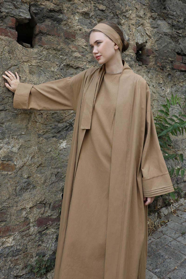Manşeti Nervürlü Abaya Camel - 5