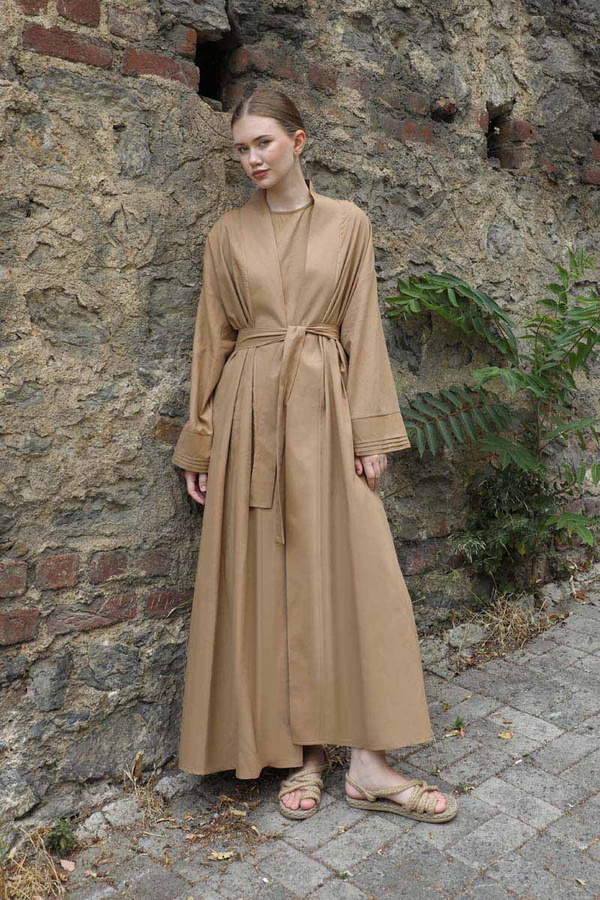 Manşeti Nervürlü Abaya Camel - 9