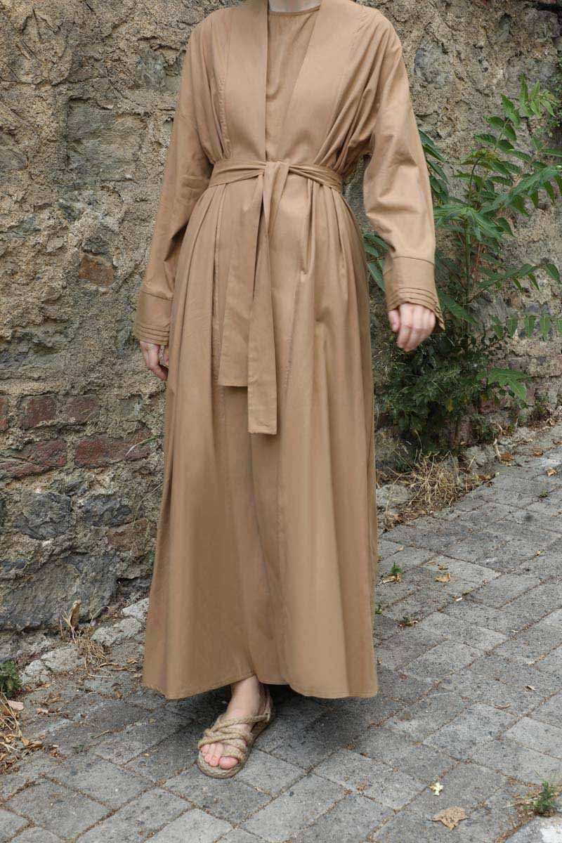 Manşeti Nervürlü Abaya Camel
