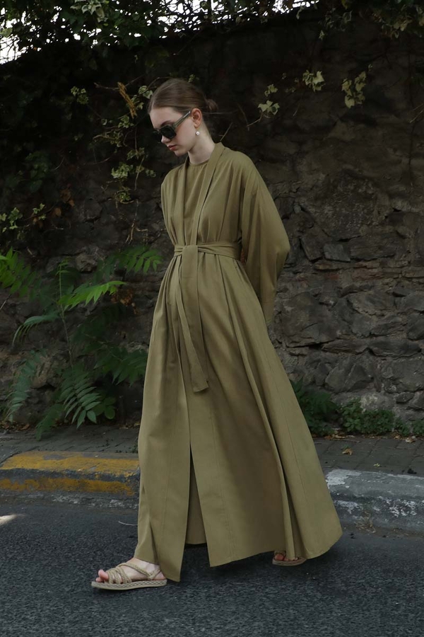 Manşeti Nervürlü Abaya Haki - 1