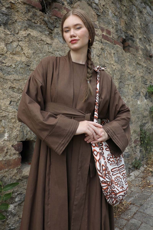 Manşeti Nervürlü Abaya Kahverengi - 5