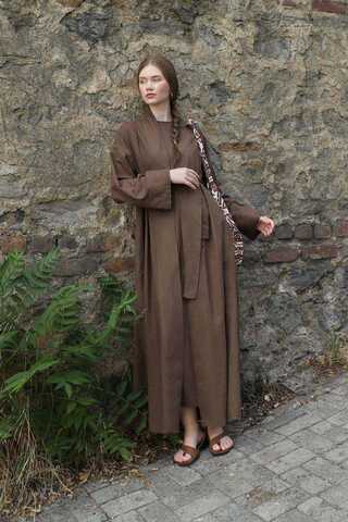 Manşeti Nervürlü Abaya Kahverengi - 6