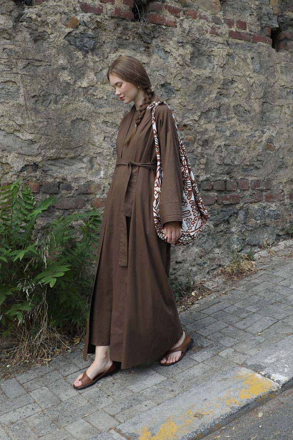 Manşeti Nervürlü Abaya Kahverengi - 1