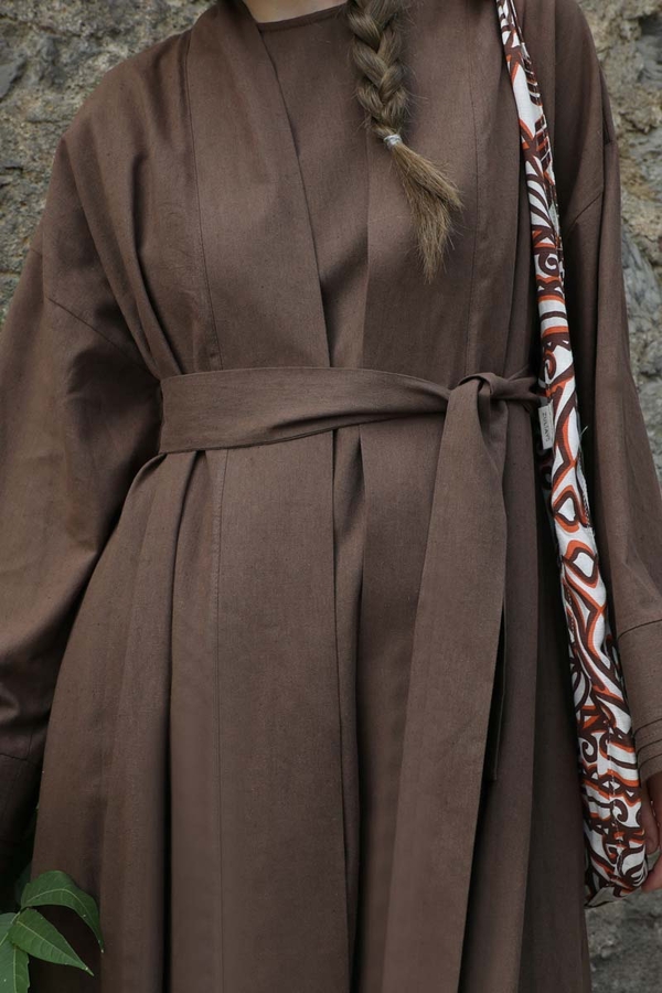 Manşeti Nervürlü Abaya Kahverengi - 9