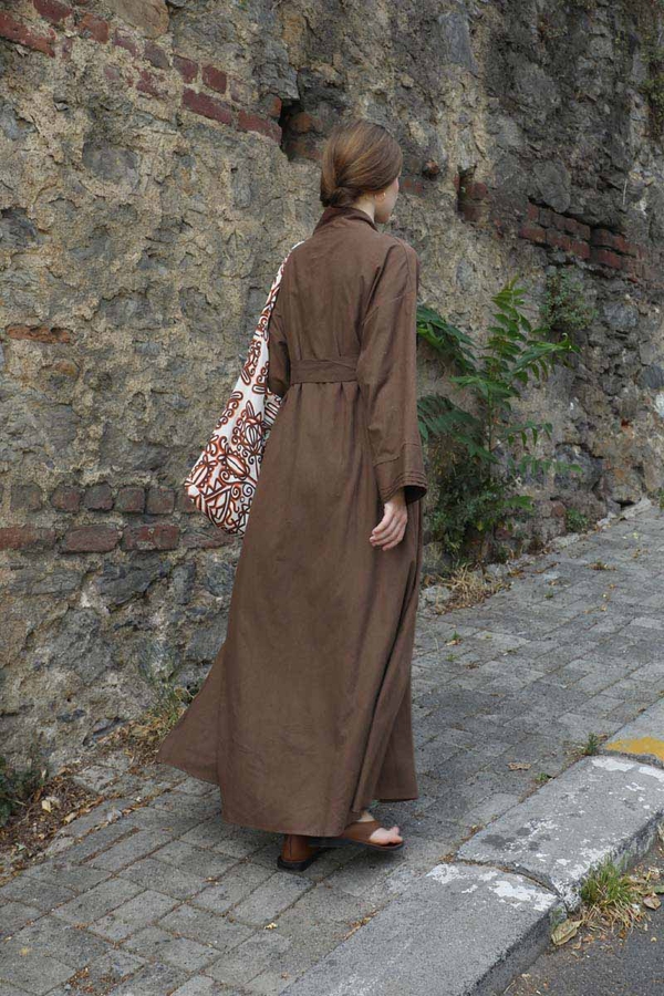 Manşeti Nervürlü Abaya Kahverengi - 10