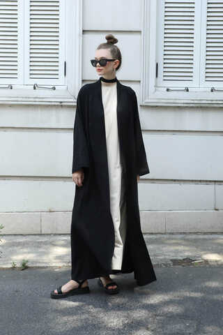 Manşeti Nervürlü Abaya Siyah - 1