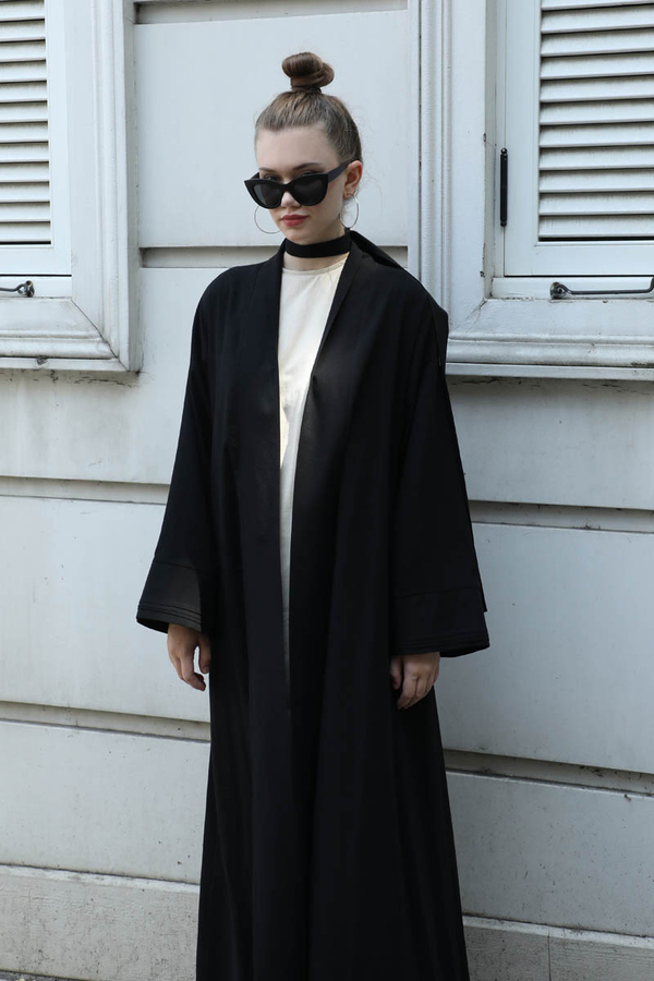 Manşeti Nervürlü Abaya Siyah - 4